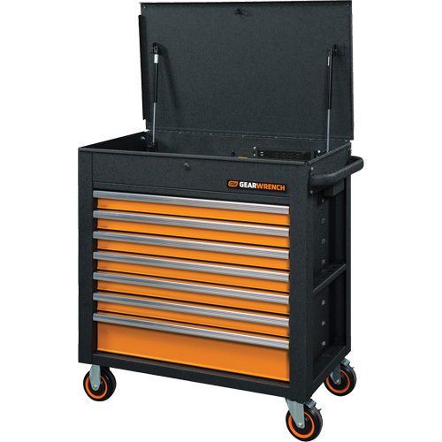 GSX Series Rolling Tool Cart with Tilt Top, 7 Drawers, 35" L x 20" W x 39" H, Black/Orange Maritime Industrial Rubber