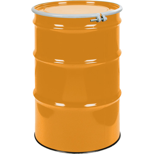 Steel Drums, 55 US gal (45 imp. gal.), Unlined, Orange, Open Top, UN1A2/Y1.5/150, 16 Gauge Maritime Industrial Rubber