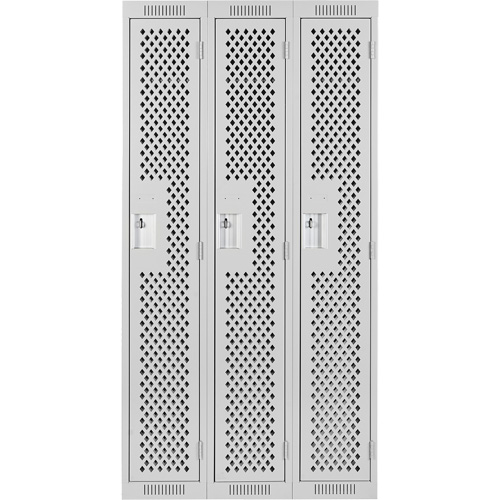 Clean Line Lockers, Bank of 3, 36" x 12" x 72", Steel, Grey, Rivet (Assembled), Perforated Maritime Industrial Rubber