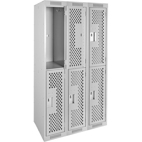 Casiers Clean Line, 2 niveaux, Bloc de 3, 36" x 15" x 72", Acier, Gris, Rivet (assembl&eacute;), Perfor&eacute; Maritime Industrial Rubber