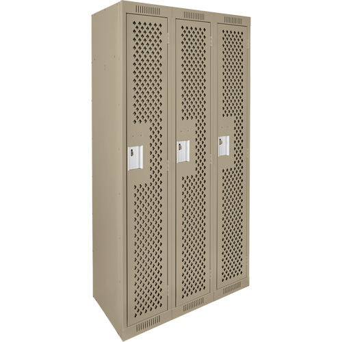 Clean Line Lockers, Bank of 3, 36" x 15" x 72", Steel, Beige, Rivet (Assembled), Perforated Maritime Industrial Rubber
