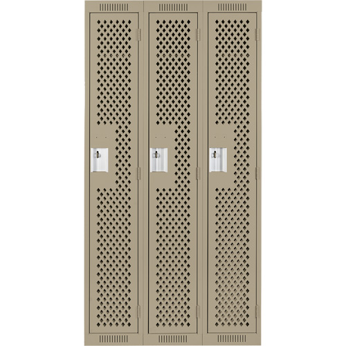 Clean Line Lockers, Bank of 3, 36" x 15" x 72", Steel, Beige, Rivet (Assembled), Perforated Maritime Industrial Rubber