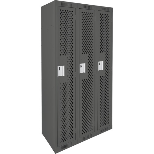 Clean Line Lockers, Bank of 3, 36" x 12" x 72", Steel, Charcoal, Rivet (Assembled), Perforated Maritime Industrial Rubber