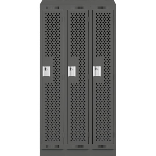 Clean Line Lockers, Bank of 3, 36" x 18" x 82", Steel, Charcoal, Rivet (Assembled), Perforated Maritime Industrial Rubber