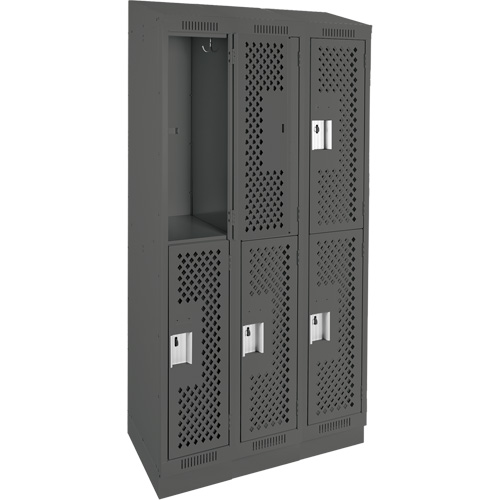 Clean Line Lockers, 2 -tier, Bank of 3, 36" x 12" x 82", Steel, Charcoal, Rivet (Assembled), Perforated Maritime Industrial Rubber