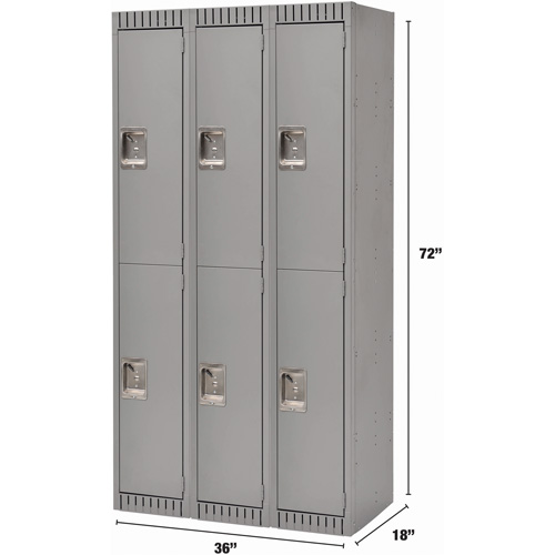 Lockers, 2 -tier, Bank of 3, 36" x 18" x 72", Steel, Grey, Knocked Down Maritime Industrial Rubber