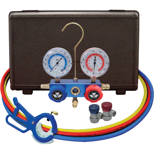 Automotive Manifold Gauge Set with Manual Couplers & 3-in-1 Side Mount Can Tap Valve Maritime Industrial Rubber