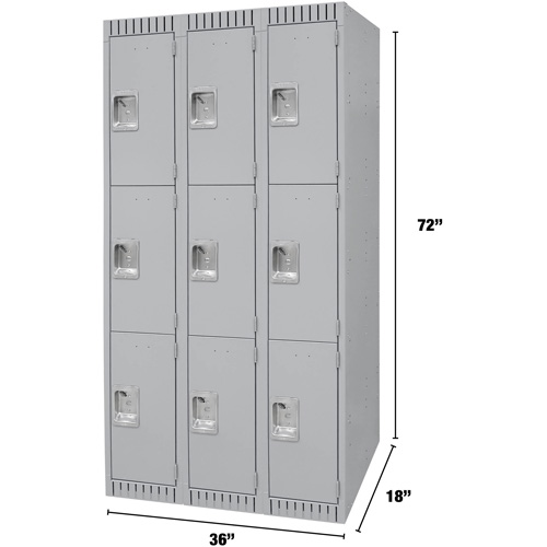 Lockers, 3 -tier, Bank of 3, 36" x 18" x 72", Steel, Grey, Knocked Down Maritime Industrial Rubber