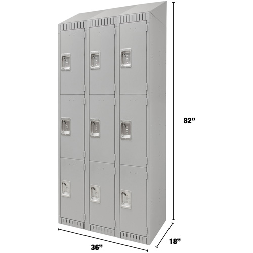 Lockers, 3 -tier, Bank of 3, 36" x 18" x 82", Steel, Grey, Knocked Down Maritime Industrial Rubber
