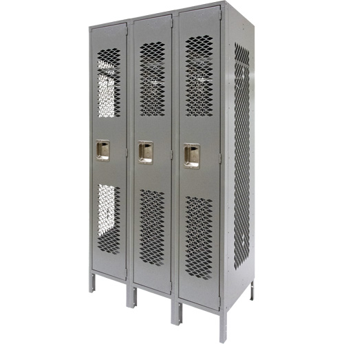 Vented Lockers, Bank of 3, 36" x 18" x 78", Steel, Grey, Knocked Down, Perforated Maritime Industrial Rubber