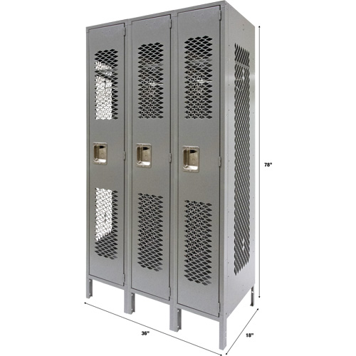 Vented Lockers, Bank of 3, 36" x 18" x 78", Steel, Grey, Knocked Down, Perforated Maritime Industrial Rubber