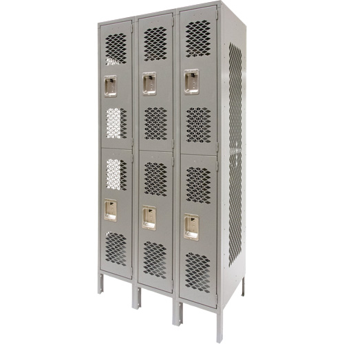 Vented Lockers, 2 -tier, Bank of 3, 36" x 18" x 78", Steel, Grey, Knocked Down, Perforated Maritime Industrial Rubber