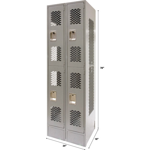 Vented Lockers, 2 -tier, Bank of 2, 24" x 18" x 78", Steel, Grey, Knocked Down, Perforated Maritime Industrial Rubber
