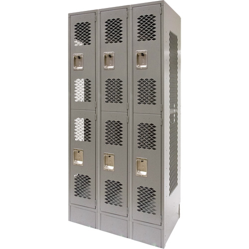 Vented Lockers, 2 -tier, Bank of 3, 36" x 18" x 78", Steel, Grey, Knocked Down, Perforated Maritime Industrial Rubber