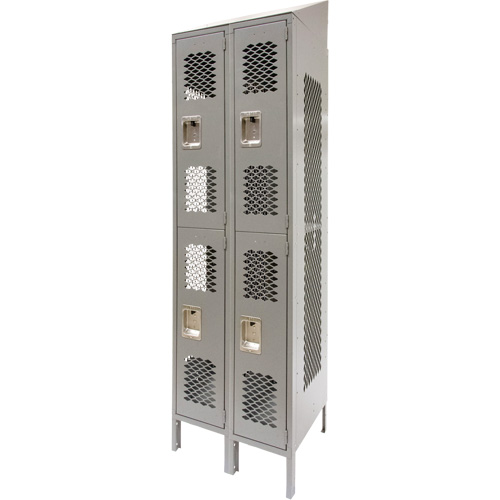 Vented Lockers, 2 -tier, Bank of 2, 24" x 18" x 88", Steel, Grey, Knocked Down, Perforated Maritime Industrial Rubber