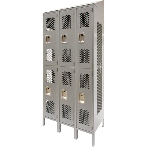 Vented Lockers, 2 -tier, Bank of 3, 36" x 18" x 88", Steel, Grey, Knocked Down, Perforated Maritime Industrial Rubber