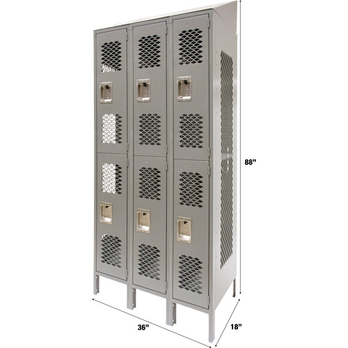 Vented Lockers, 2 -tier, Bank of 3, 36" x 18" x 88", Steel, Grey, Knocked Down, Perforated Maritime Industrial Rubber