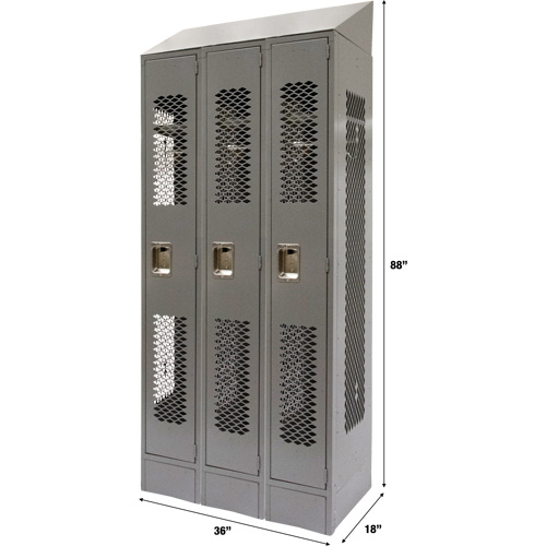 Vented Lockers, Bank of 3, 36" x 18" x 88", Steel, Grey, Knocked Down, Perforated Maritime Industrial Rubber
