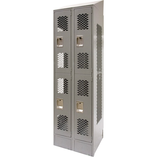 Vented Lockers, 2 -tier, Bank of 2, 24" x 18" x 88", Steel, Grey, Knocked Down, Perforated Maritime Industrial Rubber
