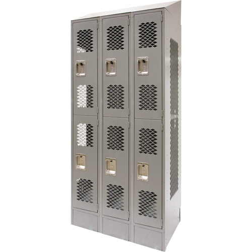 Vented Lockers, 2 -tier, Bank of 3, 36" x 18" x 88", Steel, Grey, Knocked Down, Perforated Maritime Industrial Rubber