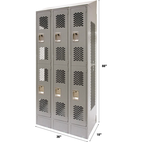 Vented Lockers, 2 -tier, Bank of 3, 36" x 18" x 88", Steel, Grey, Knocked Down, Perforated Maritime Industrial Rubber