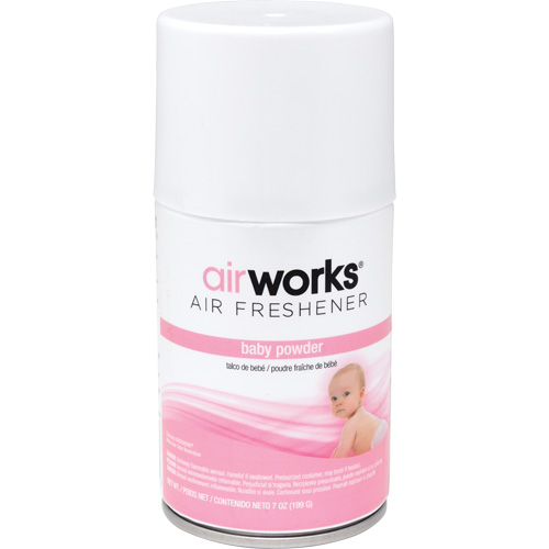 AirWorks&reg; Metered Air Fresheners, Fresh Baby Powder, Aerosol Can Maritime Industrial Rubber
