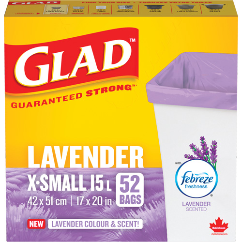 Sacs parfum&eacute;s et de couleur lavande de Glad, Fort, 17" la x 20" lo, Mauve, Capacit&eacute; 15 L (3,96 gal) Maritime Industrial Rubber
