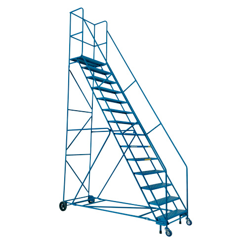CSA-Certified Rolling Step Ladder with Locking Step, 14 Steps, 30" Step Width, 128" Platform Height, Steel Maritime Industrial Rubber