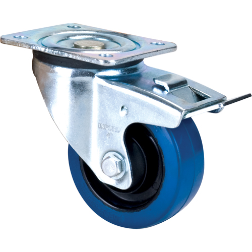 Roulette bleue, Pivotant avec frein, 4" (101,6 mm), Caoutchouc, 350 lb (158,8 kg) Maritime Industrial Rubber