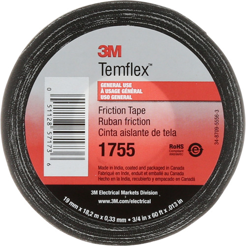 Temflex Cotton Friction Tape 1755, 19 mm (3/4") x 18.28 m (60'), Black Maritime Industrial Rubber