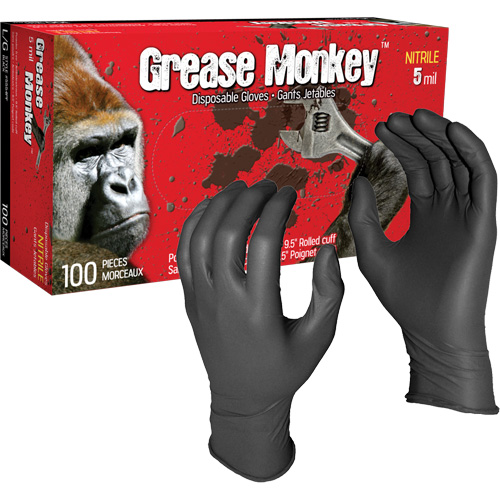 Gants jetables Grease Monkey, Grand, Nitrile, 5 mils, Sans poudre, Noir Maritime Industrial Rubber