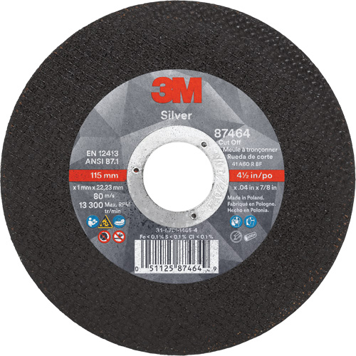 Silver Cut-Off Wheel, 4-1/2" x 0.04", 7/8" Arbor, Type 1, Ceramic, 13300 RPM Maritime Industrial Rubber