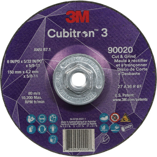 Meule &agrave; couper & tronçonner Cubitron 3, 6" x 5/32", Arbre de 5/8"-11, Type T27, Grain de 36+, C&eacute;ramique Maritime Industrial Rubber