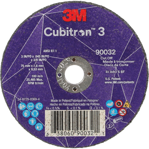 Meule &agrave; tronçonner Cubitron 3, 3" x 0,045", Arbre de 3/8", Type T1, C&eacute;ramique, 21000 Tr/min Maritime Industrial Rubber