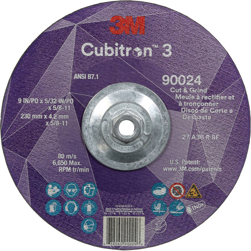 Meule &agrave; rectifier et &agrave; tronçonner Cubitron 3, 9" x 5/32", Arbre de 5/8"-11, Type 27, Grain de 36, C&eacute;ramique Maritime Industrial Rubber