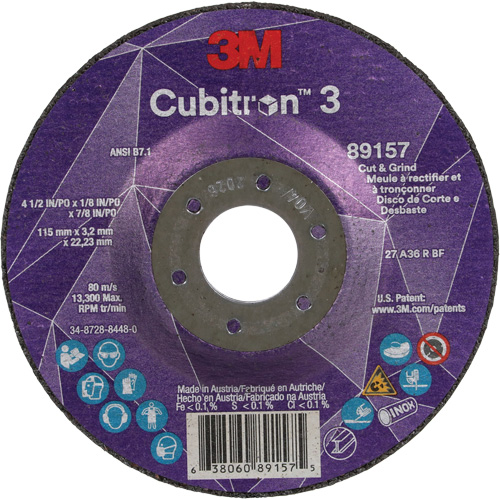 Meule &agrave; rectifier et &agrave; tronçonner Cubitron 3, 4-1/2" x 1/8", Arbre de 7/8", Type 27, Grain de 36, C&eacute;ramique Maritime Industrial Rubber