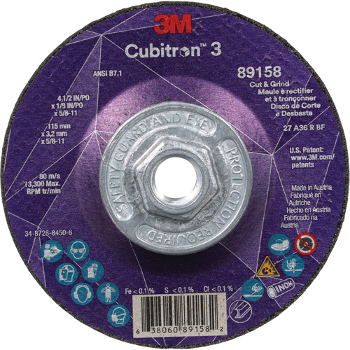 Cubitron 3 Cut and Grind Wheel, 4-1/2" x 1/8", 5/8"-11 Arbor, Type 27, 36 Grit, Ceramic Maritime Industrial Rubber