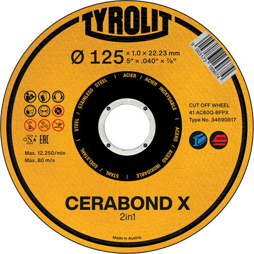 Meule &agrave; tronçonner Cerabond X, 5" x 0,04", Arbre de 7/8", C&eacute;ramique Maritime Industrial Rubber