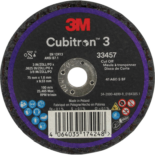 Cubitron 3 Cut-Off Wheel, 3" x 0.063", 3/8" Arbor, Ceramic Maritime Industrial Rubber