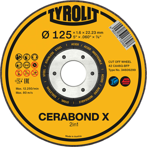 Meule &agrave; tronçonner pour acier et acier inoxydable CERABOND X, 5" x 0,45", Arbre de 7/8", Type 1, C&eacute;ramique, 12250 Tr/min Maritime Industrial Rubber