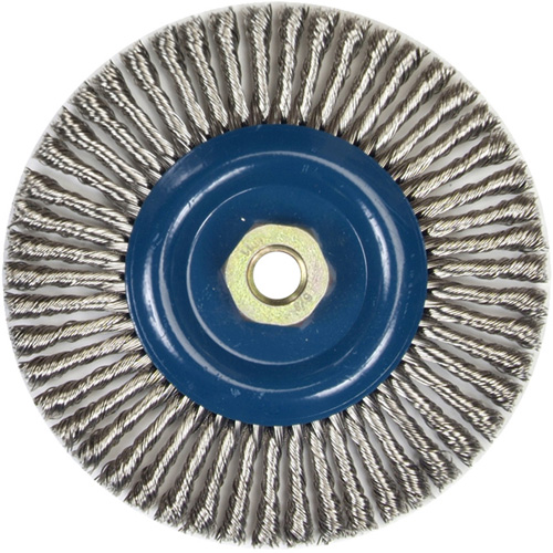 Brosse &agrave; fils nou&eacute;s pour cordons de soudure pour meuleuse angulaire, Dia. 6", Fils 0,02", Arbre 5/8"-11, Acier inoxydable Maritime Industrial Rubber