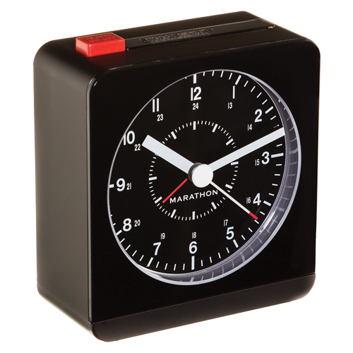 Desk Alarm Clock, Analog, Battery Operated, 3.5" W x 1.5" D x 3.75" H, Black Maritime Industrial Rubber