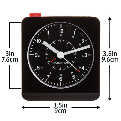 Desk Alarm Clock, Analog, Battery Operated, 3.5" W x 1.5" D x 3.75" H, Black Maritime Industrial Rubber