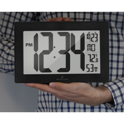Self-Setting & Self-Adjusting Wall Clock with Stand, Digital, Battery Operated, Black Maritime Industrial Rubber