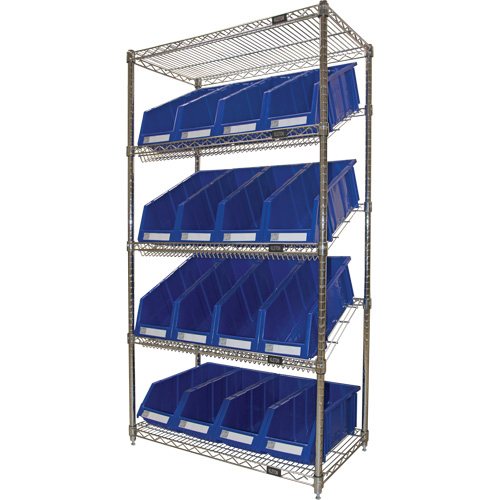 Slanted Wire Shelf with Bins, 5 Tiers, 36" W x 63" H x 18" D Maritime Industrial Rubber
