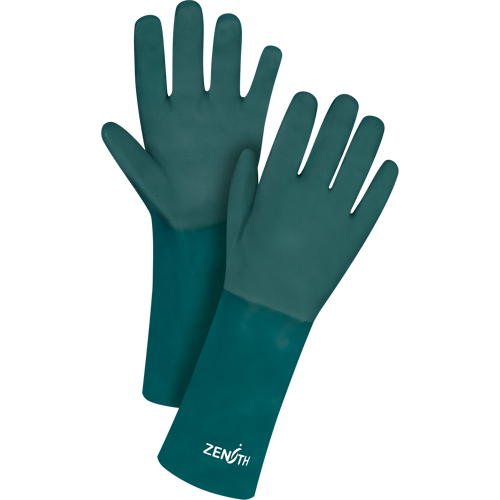 Double Dipped Green Gloves, 14" L, PVC, Cotton Jersey Inner Lining, 70-mil Maritime Industrial Rubber