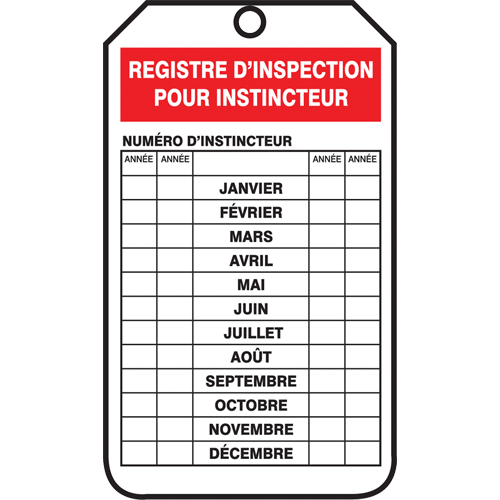 &eacute;tiquettes de s&eacute;curit&eacute; d'inspection et de contr&ocirc;le de l'&eacute;tat de l'&eacute;quipement, Plastique, 3-1/8" la x 5-7/8" h, Français Maritime Industrial Rubber