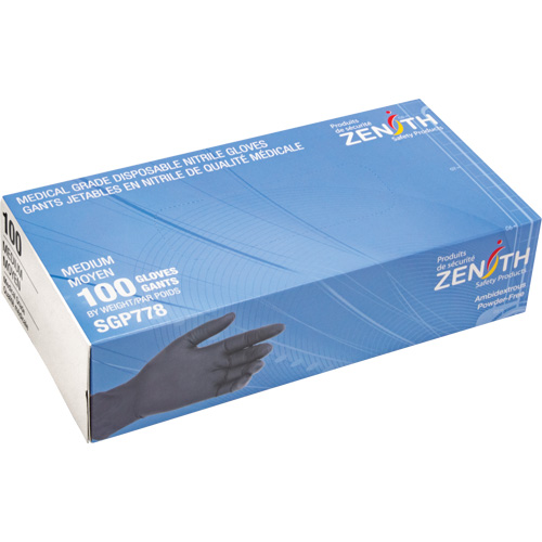 Puncture-Resistant Medical-Grade Disposable Gloves, Medium, Nitrile, 5-mil, Powder-Free, Black, Class 2 Maritime Industrial Rubber