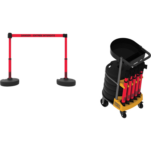 Syst&egrave;me de barri&egrave;re &agrave; chariot portatif avec plateau Plus, 75' lo, M&eacute;tal/Plastique, Rouge Maritime Industrial Rubber