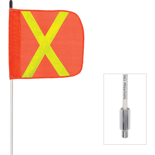Fanion &agrave; tige en fibre de verre non aliment&eacute; Safety Whip, Fixation Filet&eacute;, Hauteur 6', Orange avec X r&eacute;fl&eacute;chissant Maritime Industrial Rubber